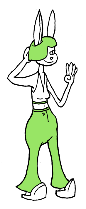A bunny lady with green hair that covers one of her eyes, a small t shirt with a long neck and showing some midriff, and a large set of hips. She also wears bell bottomed green jeans.